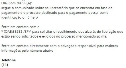 Mensagem de golpe, enviada por WhatsApp
