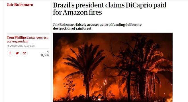  Jornal The Guardian diz que Bolsonaro acusou DiCaprio 'falsamente' de destruir floresta brasileira. 