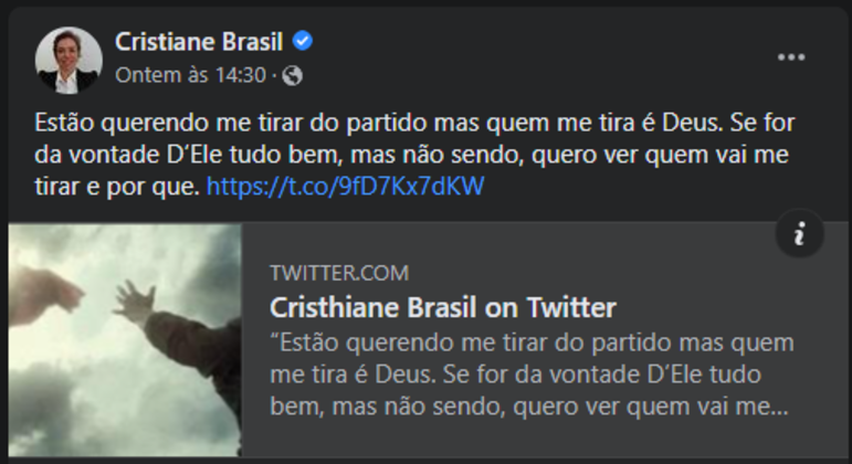 Cristiane Brasil desafia a decisão do PTB nas redes sociais