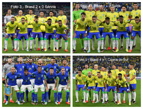 RESPOSTAS:Pela ordem: Foto 3 (Brasil X Sérvia), Foto 4 (Brasil X Suíça), Foto 2 (Brasil X Camarões) e Foto 1 (Brasil X Coreia do Sul)