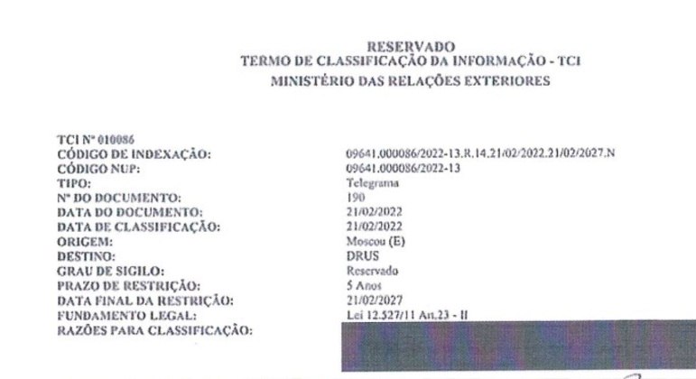 Documento enviado pelo Itamaraty à Câmara dos Deputados