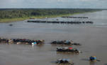 An aerial view shows dredging rafts operated by illegal miners who have gathered in a gold rush on the Madeira, a major tributary of the Amazon river, in Autazes, Amazonas state, Brazil November 23, 2021. Picture taken November 23, 2021. REUTERS/Bruno Kelly
