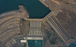Furnas hydroelectric dam runs in low water levels, according to the dam's operator, in Sao Jose da Barra, Minas Gerais state, Brazil, September 7, 2021. Picture taken September 7, 2021 with a drone. REUTERS/Washington Alves