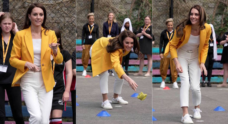 Mais uma vez, nesta terça-feira (16), a princesa Kate Middleton cumpriu uma agenda numa instituição de caridade. Desta vez, ela apareceu com um look esportivo, com destaque para o par de tênis branco e o blazer amarelo de uma famosa loja de Londres, que custa R$ 2.200 (359 libras) no site