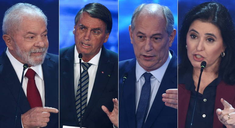 Os candidatos à Presidência Luiz Inácio Lula da Silva, Jair Bolsonaro, Ciro Gomes e Simone Tebet