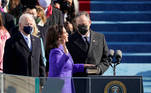 Kamala Harris is sworn in as U.S. Vice President as her spouse Doug Emhoff holds a bible during the inauguration of Joe Biden as the 46th President of the United States on the West Front of the U.S. Capitol in Washington, U.S., January 20, 2021. Patrick Semansky/Pool via REUTERS