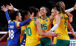 Tokyo 2020 Olympics - Volleyball - Women's Pool A - Brazil v South Korea - Ariake Arena, Tokyo, Japan – July 25, 2021. Carol of Brazil celebrates with teammates. REUTERS/Valentyn Ogirenko