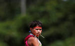 A girl from the indigenous Yanomami ethnic group looks on, amid the spread of the coronavirus disease (COVID-19), at the 4th Surucucu Special Frontier Platoon of the Brazilian army in the municipality of Alto Alegre, state of Roraima, Brazil July 1, 2020. REUTERS/Adriano Machado