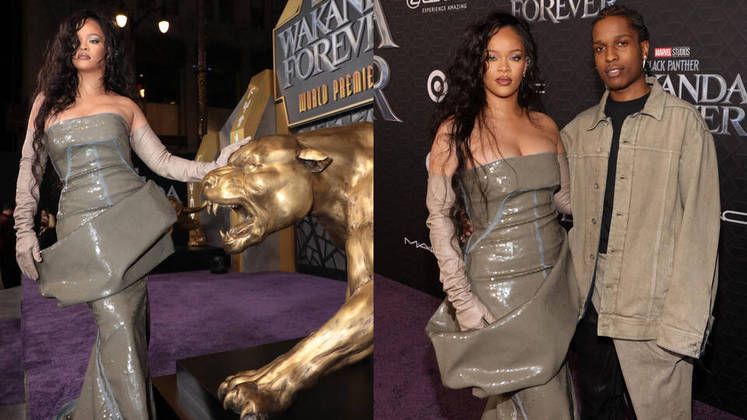 Rihanna e o companheiro, Asap Rocky, foram juntos à première do filme Pantera Negra - Wakanda Forever e coordenaram a cor dos looks. A cantora elegeu um vestido longo sem alças de paetê verde e o rapper usou um conjunto de calça e jaqueta (em tom similar) e uma camiseta preta