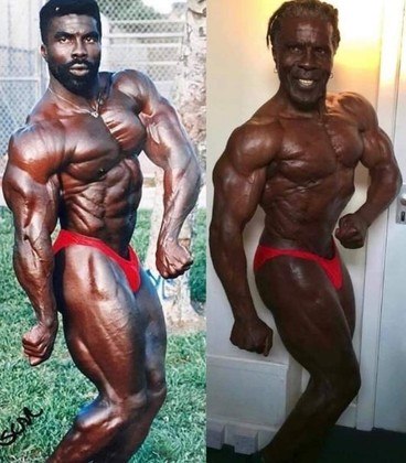 O antes e o depois de Robby Robinson: 30 anos depois, fazendo a mesa pose e usando a mesma sunga vermelha, o fisiculturista mostra que manteve o seu porte de atleta