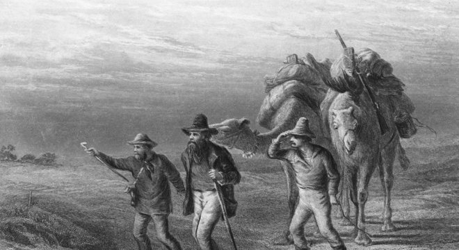Robert Burke, William Wills e John King chegando ao Coopers Creek em 1861