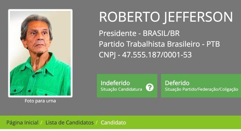 Roberto Jefferson, presidente de honra do PTB, teve sua candidatura rejeitada pelo TSE