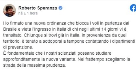 Roberto Speranza, ministro da saúde da Itália, anuncia proibição de voos provenientes do Brasil