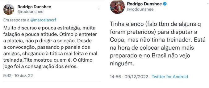 Publicações feitas no X (antigo Twitter) pelo VP do Flamengo em que ele critica Tite durante a Copa