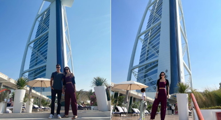 Rodrigo e Vera Viel também posaram em frente ao Burj Al Arab, outro prédio icônico de Dubai. 