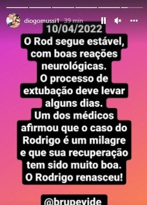 Irmão divulgou novo comunicado sobre estado de saúde de Rodrigo Mussi