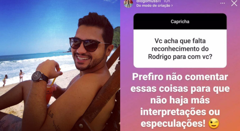 Já no começo de julho, os seguidores perceberam a tensão entre os dois. Diogo abriu o jogo sobre o suposto climão entre eles ao responder a perguntas enviadas por fãs no Instagram. 'Você acha que falta reconhecimento do Rodrigo para com você?', questionou um seguidor. 'Prefiro não comentar essas coisas para que não haja más interpretações ou especulações!', disse Diogo