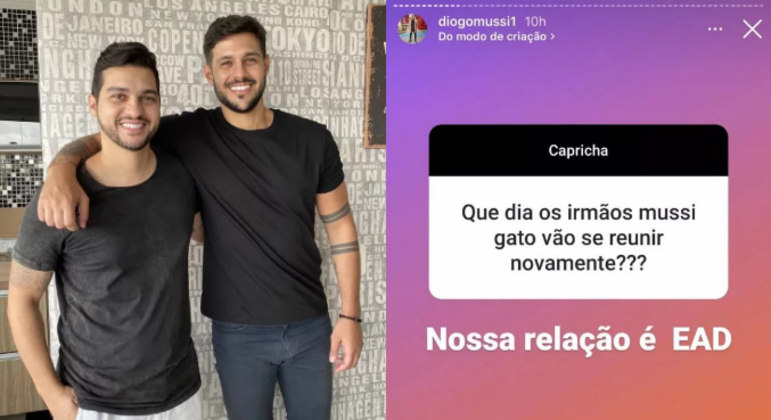 Na caixinha de perguntas aberta, um seguidor quis saber quando Diogo se encontraria com Rodrigo e o outro irmão, Rafael Mussi: 