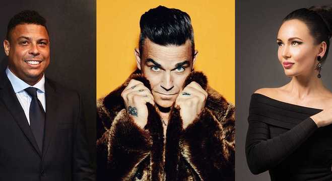 Ronaldo (esq.), Robbie Williams (cen.) e Aida Garifullina (dir.)