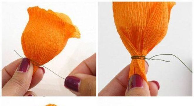 rosas de papel - rosa laranja de crepom sendo feita 