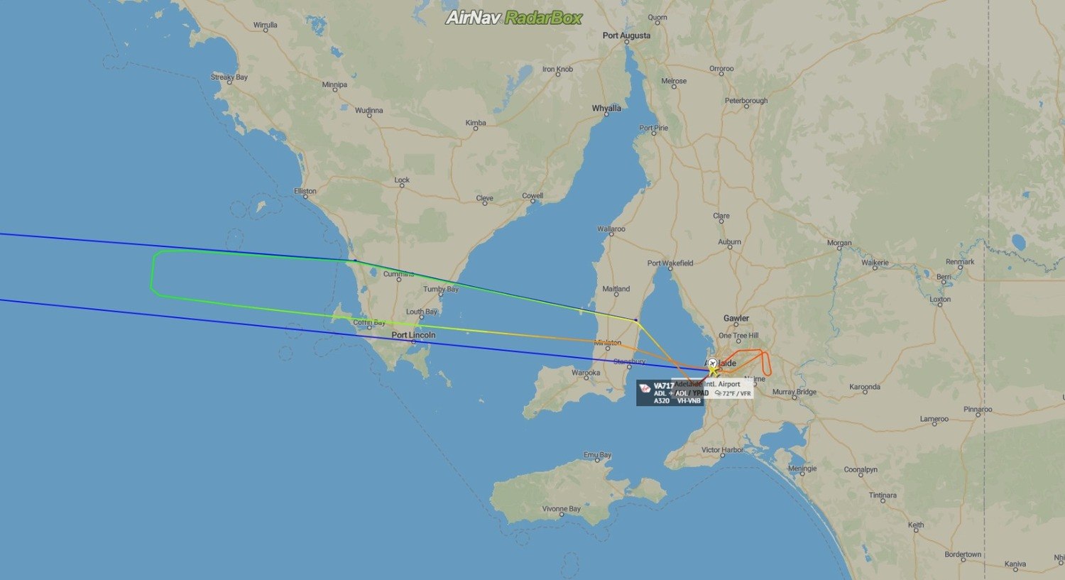 Rota do A320 que iria de Adelaide a Perth, na Austrália