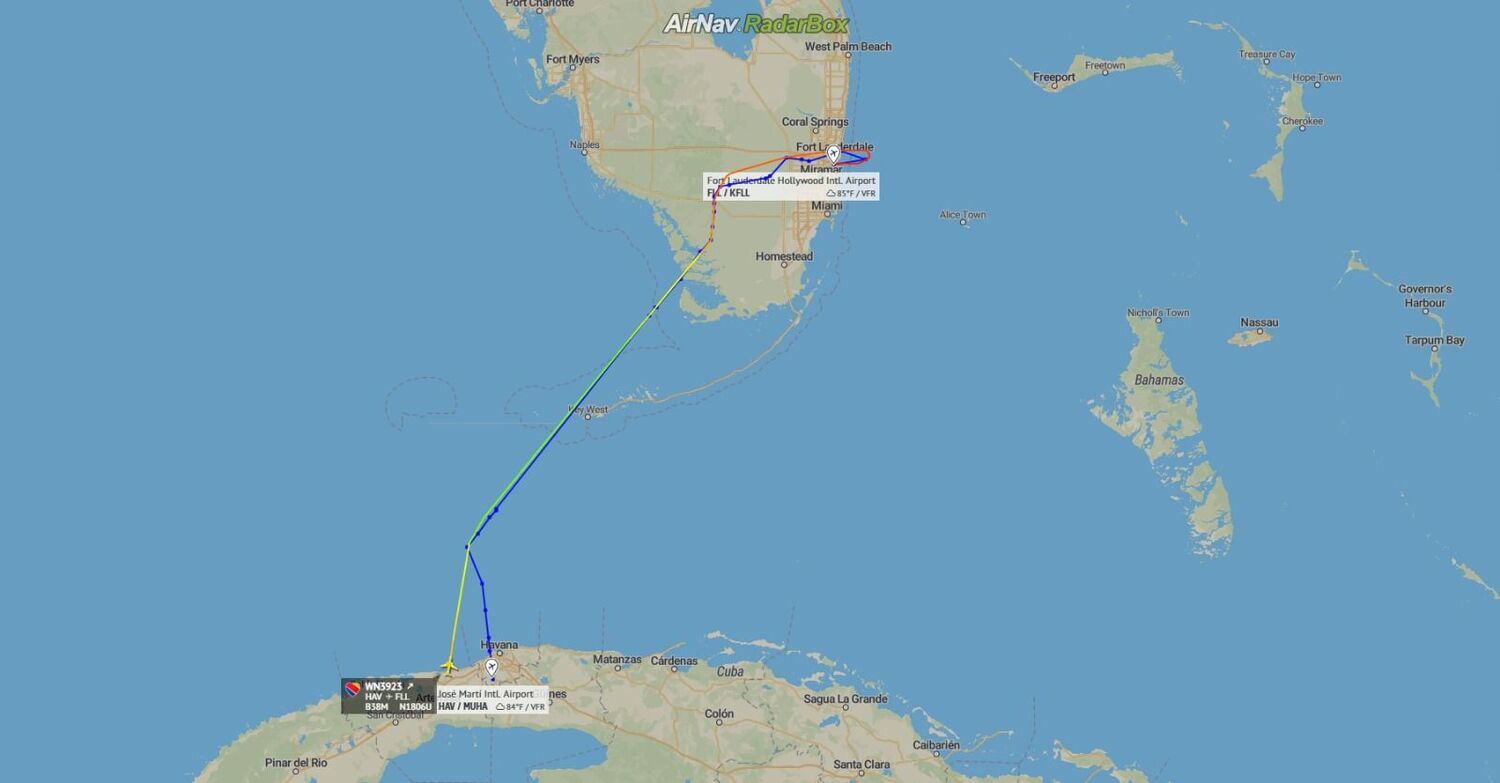 Rota do voo da Southwest entre Havana e Fort Lauderdale