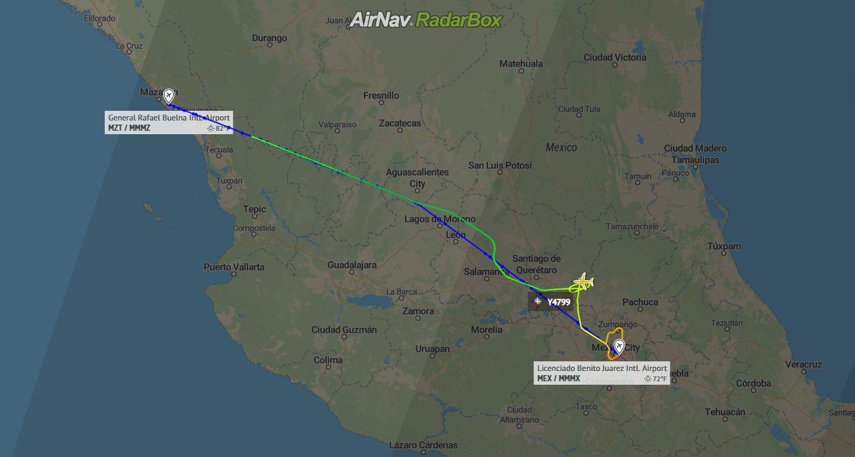 Rota do voo Y4-799 da Volaris, de Mazatlan para a Cidade do México