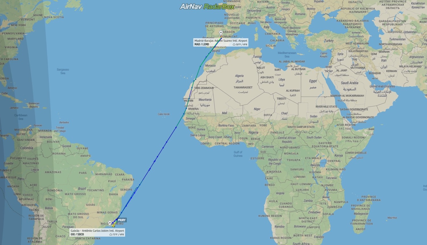 Rota percorrida entre Madrí e Rio de Janeiro