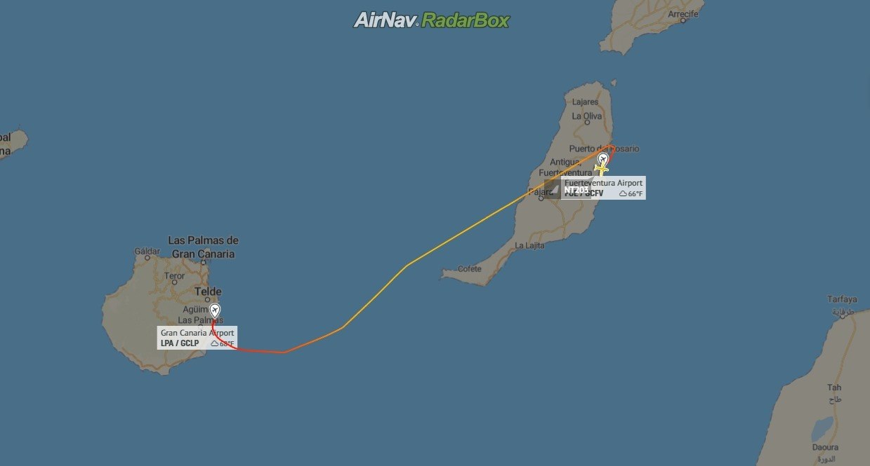 Rota seguida pelo Binter entre Fuerteventura e Las Palmas, nas Canárias