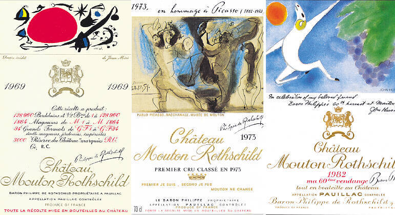 Rótulos do Château Mouton Rothschild criados por Joan Miró, Pablo Picasso e John Huston