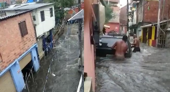 Rua de Paraisópolis fica alagada depois das chuvas fortes em São Paulo