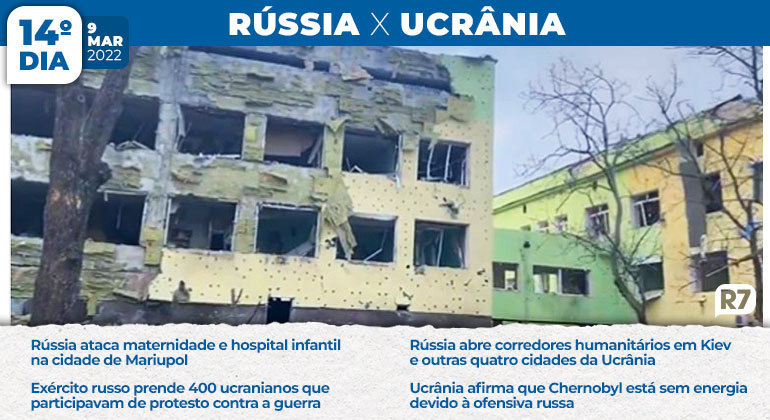 Rússia ataca maternidade e hospital infantil na cidade ucraniana de Mariupol. Prestes a completar duas semanas de conflito, o 14º foi marcado pela afirmação ucraniana de que Chernobyl estava sem energia devido à ofensiva russa e de que a Rússia abriu corredores humanitários em cinco cidades da Ucrânia