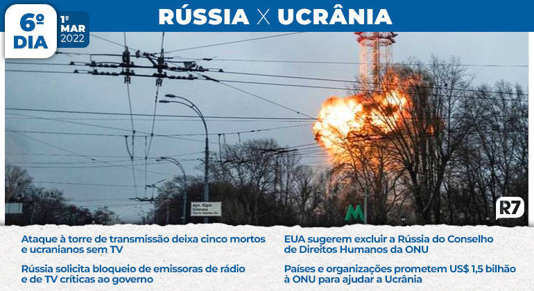 Rússia derruba torre de transmissão em Kiev e população fica sem televisão, dia em que a Rússia solicita o bloqueio de emissoras de rádio e de TV críticas ao governo e os Estados Unidos sugerem excluir a Rússia do Conselho de Direitos Humanos da ONU