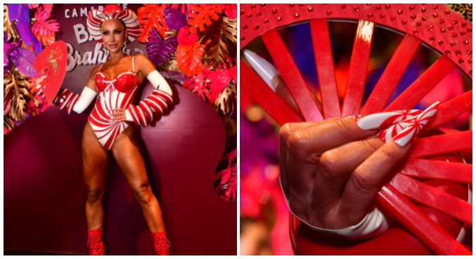 Sabrina Sato combinou look vermelho e branco com unhas decoradas