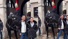 Sai da frente! Turistas levam empurrão de cavalo após ficar próximo demais de guarda real