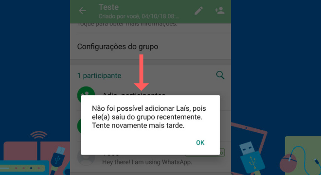 O aviso impede de adicionar a pessoa que saiu recentemente, impossibilitando o contato de participar novamente do grupo no aplicativoLeia também: WhatsApp: Saiba como enviar áudios sem usar as mãos