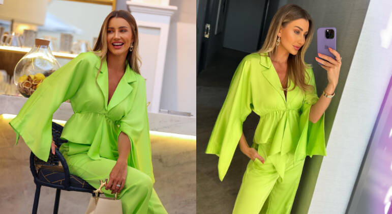 Uma das produções mais ousadas da modelo foi um conjunto com blusa e calça em um tom de neon. O segredo para essa escolha é não misturar com mais nenhuma cor e manter os acessórios o mais simples possíveis. Para a ocasião, Ana arrematou o look somente com pulseira e brincos