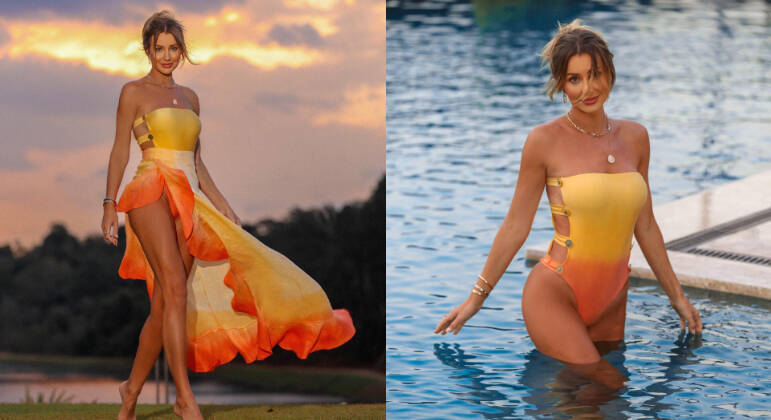Ana Paula apostou em um look estiloso e versátil para passar o Dia dos Pais ao lado do marido, Roberto Justus, da filha, Vicky, e da enteada, Rafaella Pinheiro Justus. A modelo e influenciadora estava com um conjunto de maiô e saia pareô, das cores do pôr do sol, amarelo e laranja. A produção vai de um visual de praia/piscina a um estilo mais arrumado para um almoço, por exemplo