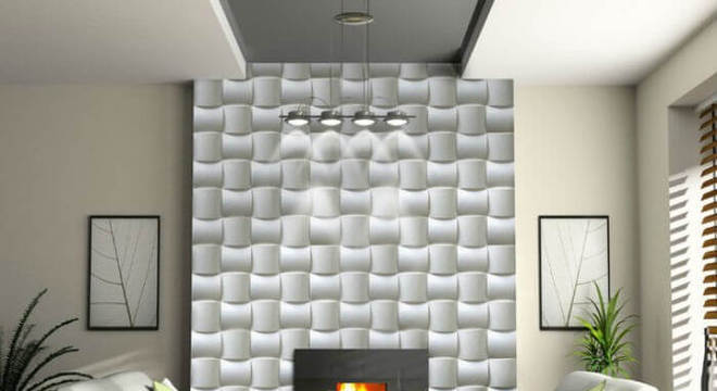 Sala de estar ampla com placa de gesso 3D gigante