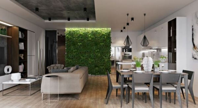 Sala de estar integrada com sala de jantar e pendentes aramados preto