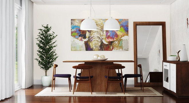 Sala de jantar ampla com tapete sisal retangular