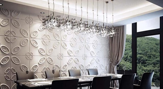 Sala de jantar com parede feita em placa de gesso 3D