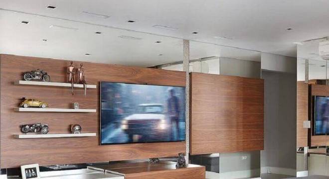 sala moderna decorada painel para tv com rack