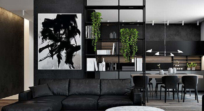 sala moderna toda preta decorada com quadro preto e branco