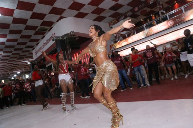 A atriz Dandara Mariana também é musa do Salgueiro e cantou com paixão o samba-enredo da escola
