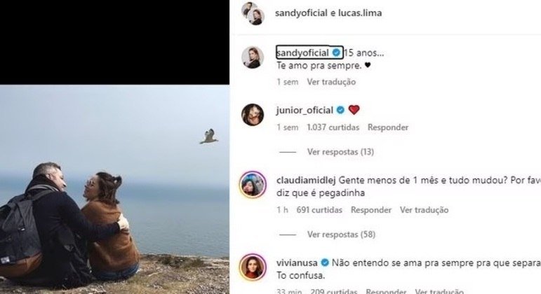 Post com declaração de amor foi feito por Sandy há duas semanas
