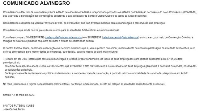 O e-mail que a diretoria do Santos mandou aos  jogadores