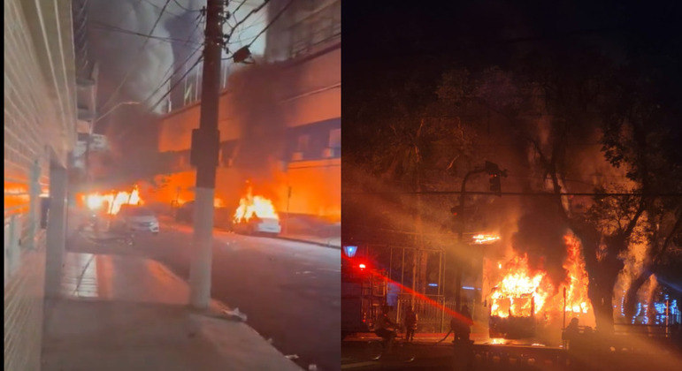 As ruas próximas à Vila Belmiro viraram cenário assustador. Com direito até a ônibus queimado