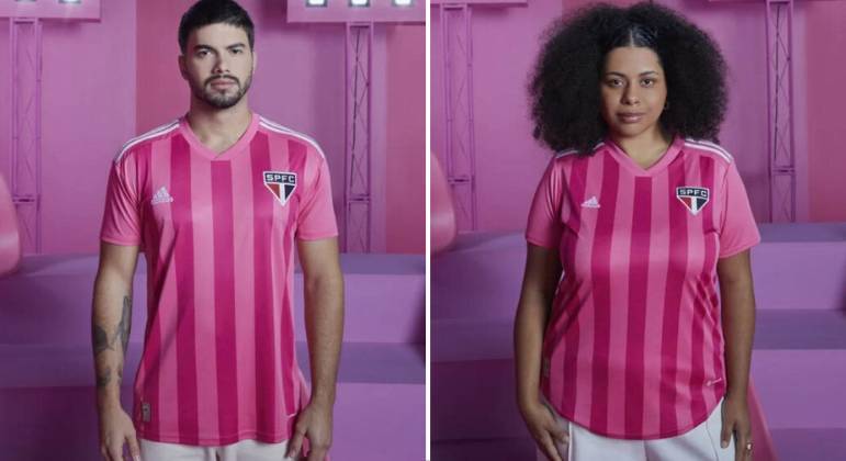 O São Paulo deixou de lado o preto, o branco e o vermelho e trouxe o rosa para o uniforme. Com listras verticais, a Adidas fez uma camisa com dois tons da cor da campanha