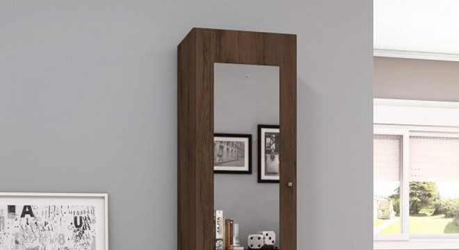 Sapateira com espelho e duas gavetas com acabamento de madeira escura